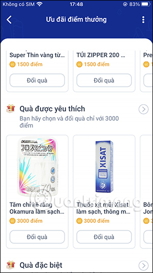 Điểm thưởng trên app Long Châu
