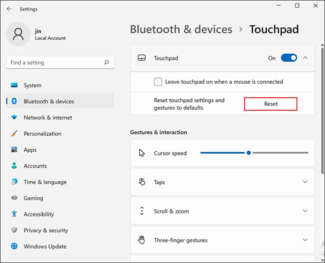 Reset cài đặt touchpad