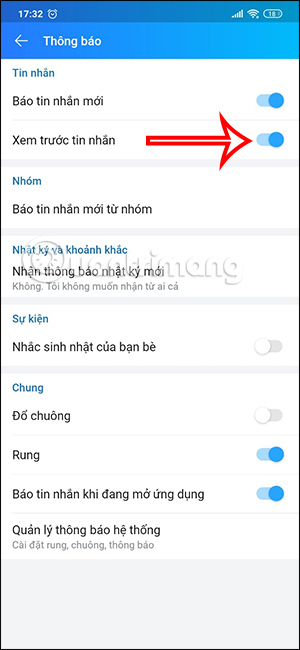 Bật xem trước tin nhắn Zalo