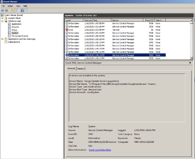 Lịch sử cài đặt service