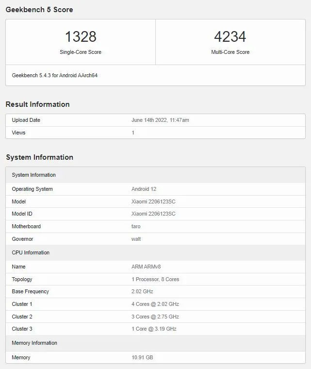 Xiaomi 12S trên GeekBench