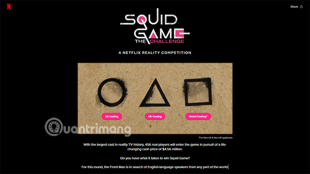 Giao diện website đăng ký game Squid Game: The Challenge