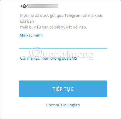 Nhập mã xác minh trên Telegram