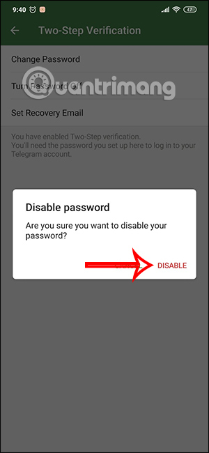 Hủy mã bảo mật trên Telegram