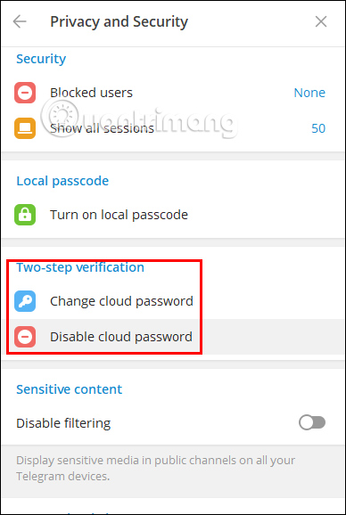 Tùy chọn mã bảo mật Telegram PC