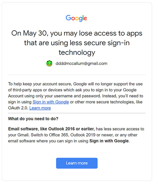 Có thể hiểu Google đã bắt đầu khóa dịch vụ email của mình và cách nó kết nối với các ứng dụng email của bên thứ ba, cuối cùng tiến tới gỡ bỏ “các ứng dụng kém an toàn hơn”.