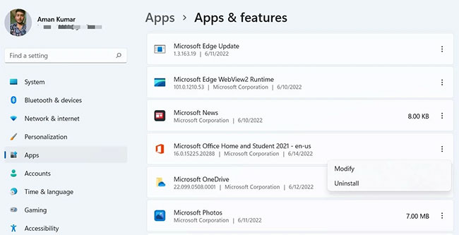 Tùy chọn Modify trong Microsoft Office
