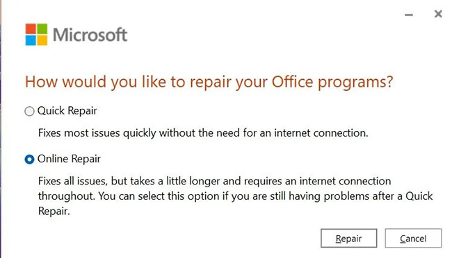 Tùy chọn Repair trong Microsoft Office