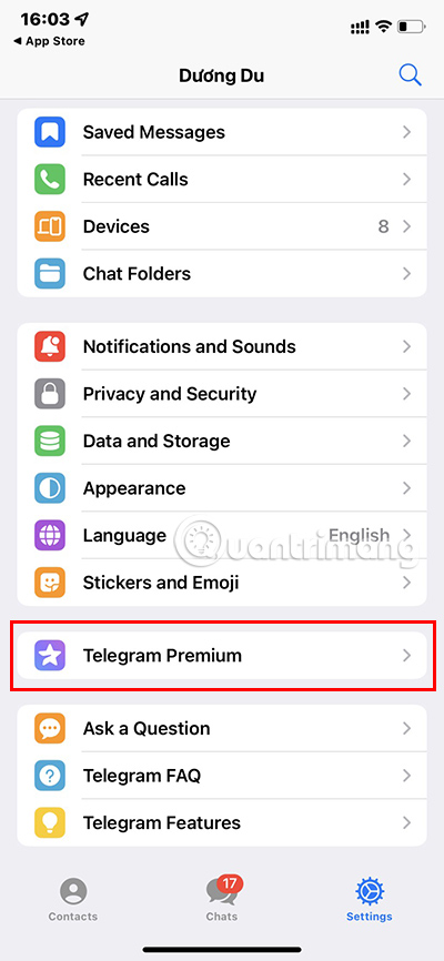 Kéo xuống chọn Telegram Premium.