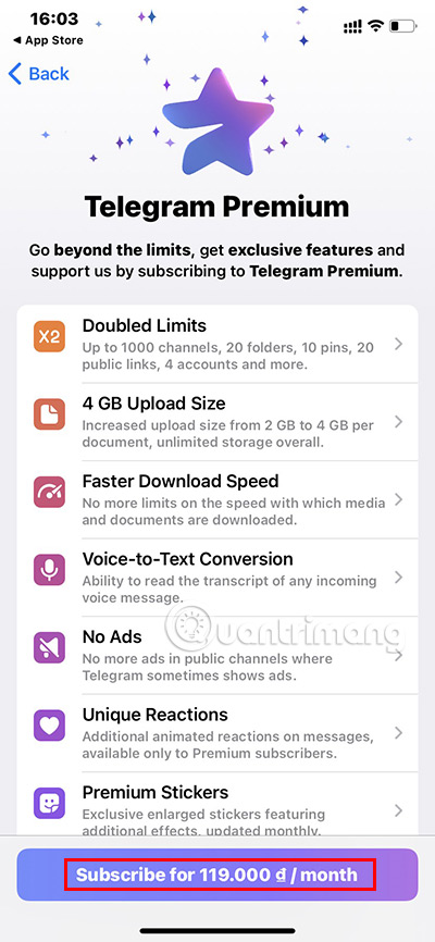 Nhấn vào dòng Subscribe for 119.000đ/month.