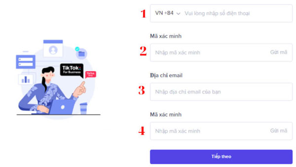 Nhập Số điện thoại, email của bạn và mã xác minh được gửi về
