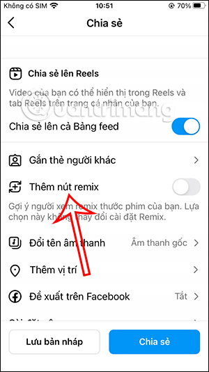 Tắt nút remix video Reels Instagram