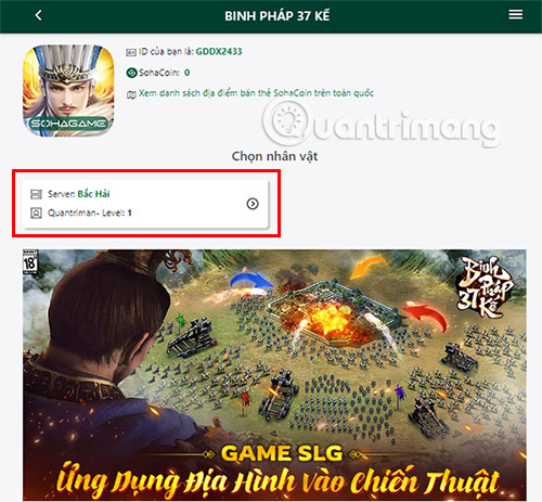 Nhấn chọn nhân vật và server game 