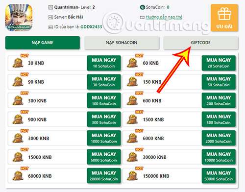 Click vào mục Giftcode.