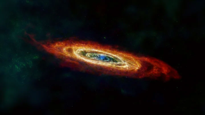 Thiên hà Andromeda, hay M31, được hiển thị ở đây dưới dạng tia hồng ngoại xa và bước sóng vô tuyến của ánh sáng