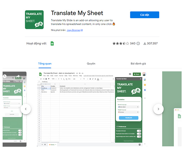 Tiện ích bổ sung Translate My Sheet