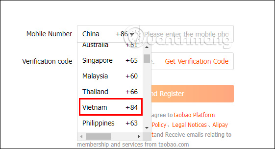 Mã vùng đăng ký Taobao trên máy tính