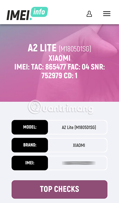 Các thông số của điện thoại xuất hiện thông qua IMEI điện thoại