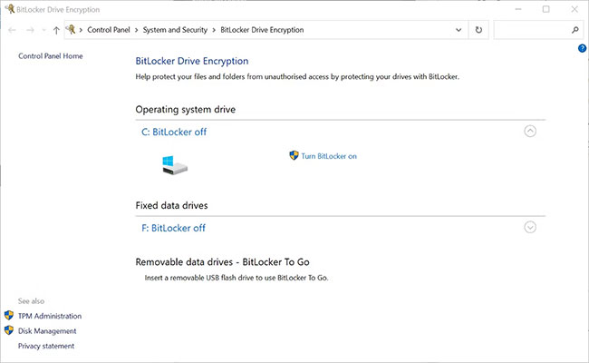 Màn hình cài đặt BitLocker trong Windows 10