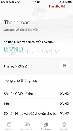 Các mục chi tiêu trên Ninja Van