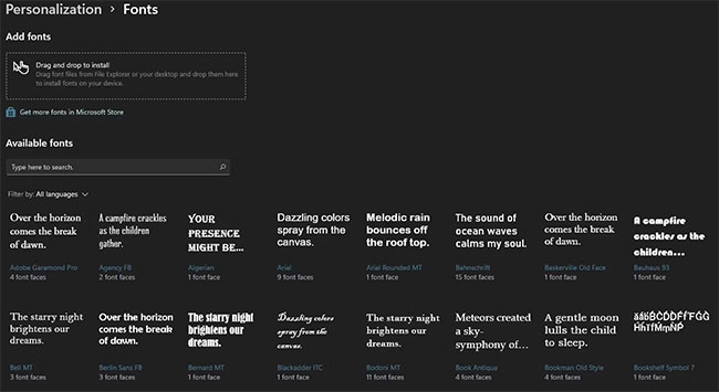 Menu phông chữ Windows 11