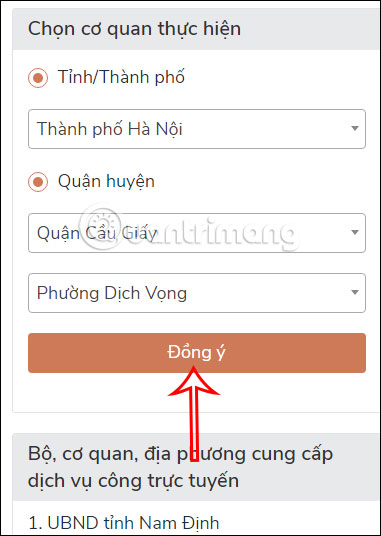 Chọn cơ quan thực hiện trên Cổng Dịch vụ công Quốc gia
