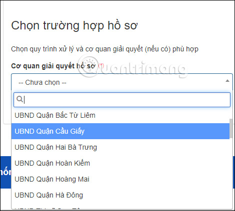 Chọn cơ quan trên Cổng dịch vụ công Hà Nội