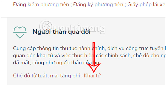 Chọn dịch vụ Khai tử trên Cổng Dịch vụ công Quốc gia