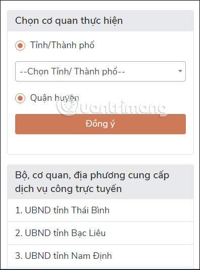 Chọn cơ quan trên Cổng Dịch vụ công Quốc gia