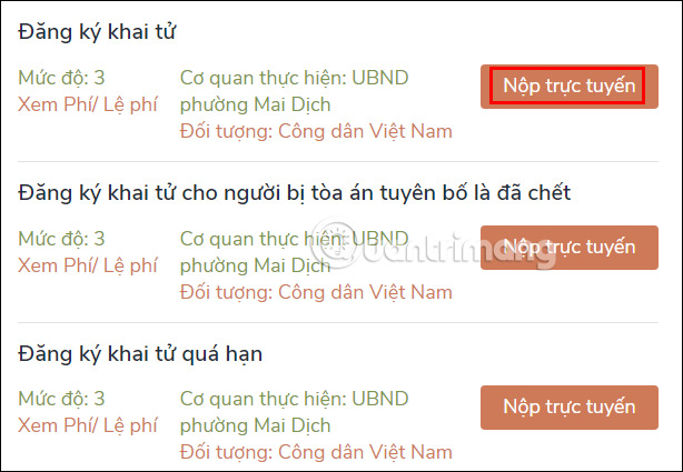 Dịch vụ khai tử trên Cổng Dịch vụ công Quốc gia