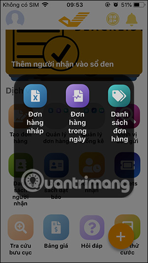 Danh sách mục quản lý đơn hàng