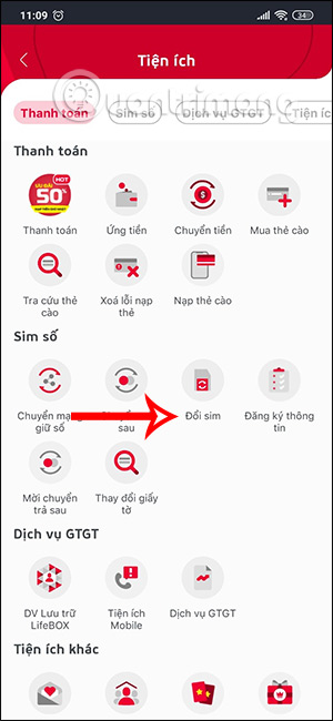Tiện ích đổi sim trên My Viettel