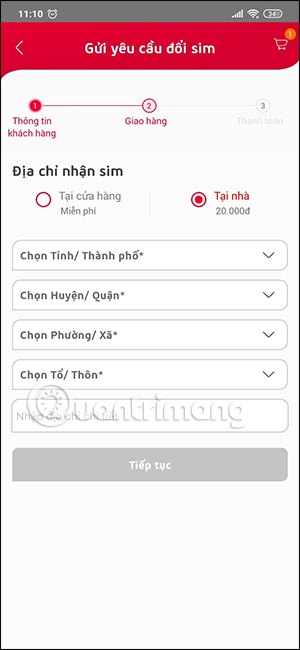 Tùy chọn nhận sim trên My Viettel