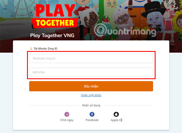 Đăng nhập tài khoản game của bạn.