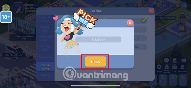 Điền mã code game và nhấn Nhận