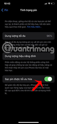 Bật tính năng Sạc pin được tối ưu hóa