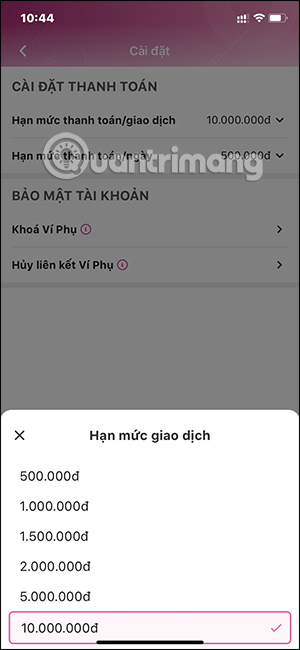 Chọn mức hạn định cho ví MoMo phụ