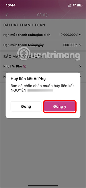 Hủy liên kết ví MoMo phụ