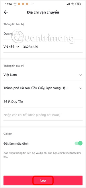 Lưu địa chỉ mới trên TikTok Shop