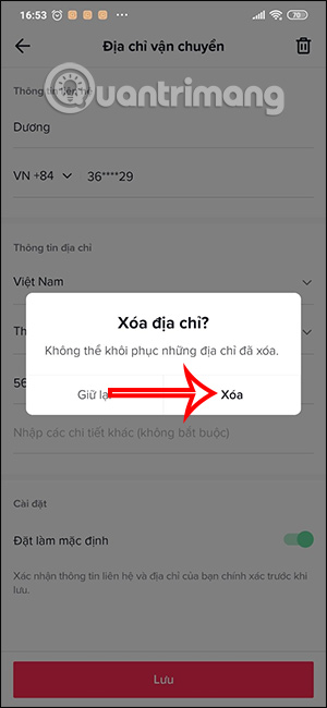 Chọn xóa địa chỉ trên TikTok Shop