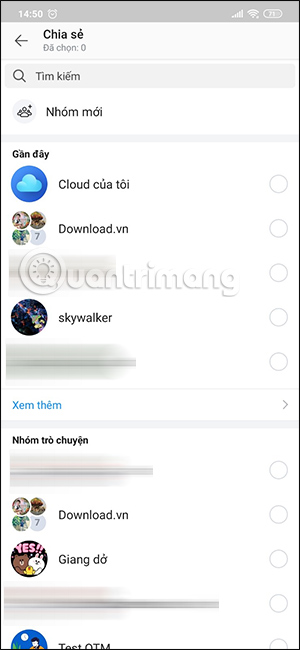 Giao diện chọn chia sẻ tin nhắn Zalo