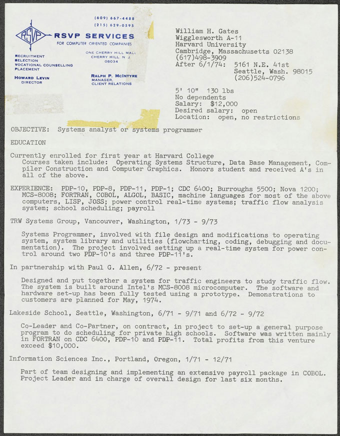 Bản CV được tạo ra vào năm 1974 của Bill Gates đăng trên LinkedIn. Ảnh: Bill Gates.