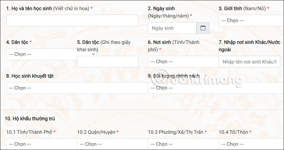 Điền thông tin cho học sinh