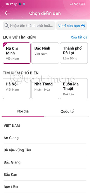 Chọn điểm đến