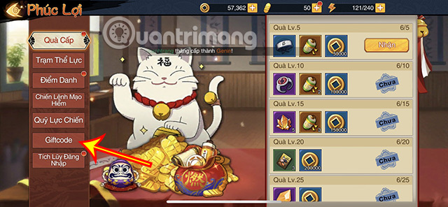 Chọn mục Giftcode.