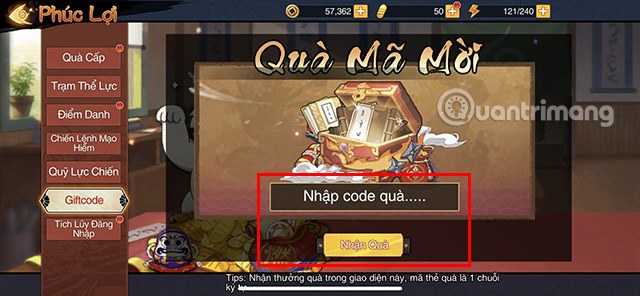 Tiến hành nhập giftcode nhập dù và nhấn Nhập vàng.