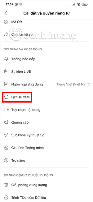 Lịch sử xem trên TikTok