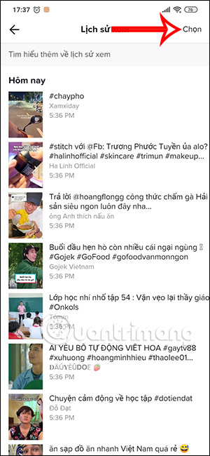 Danh sách video TikTok đã xem