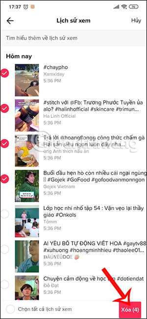 Xóa video TikTok đã xem