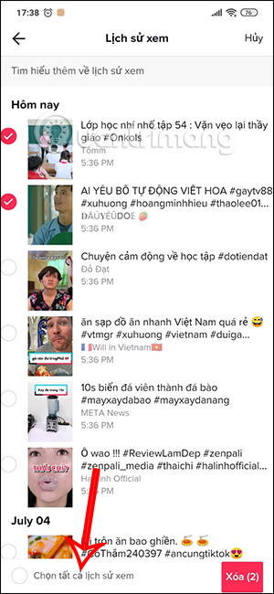 Chọn tất cả video TikTok đã xem